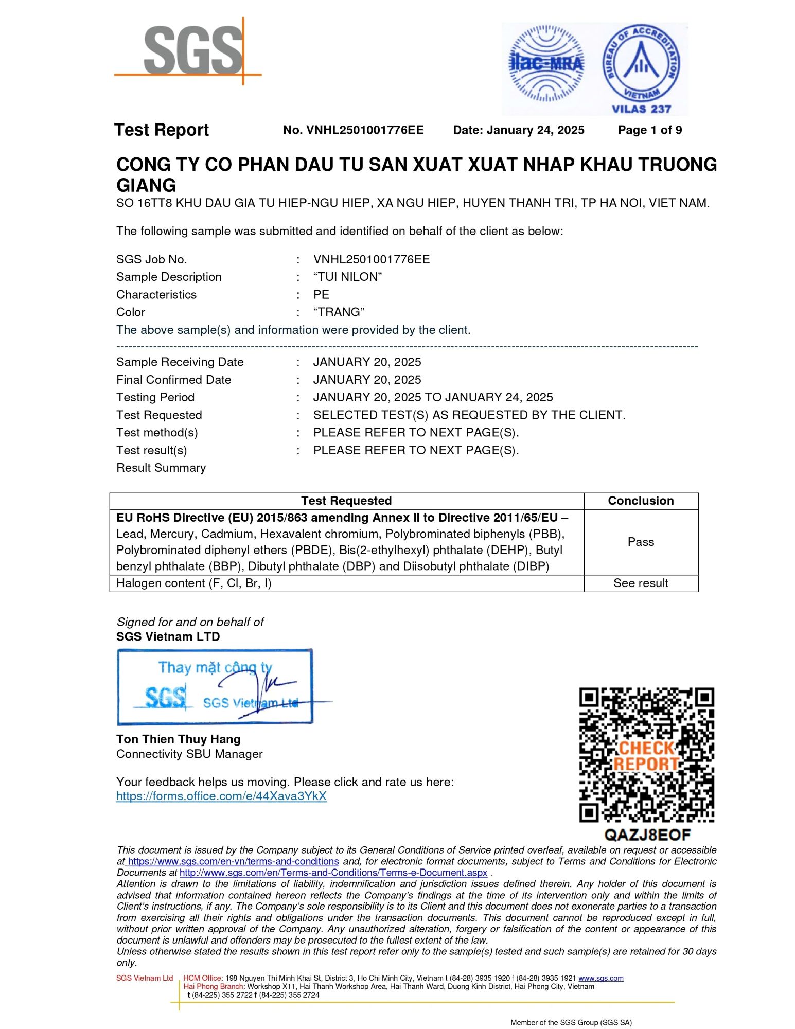 Kết quả test RoHS Halogen 2025